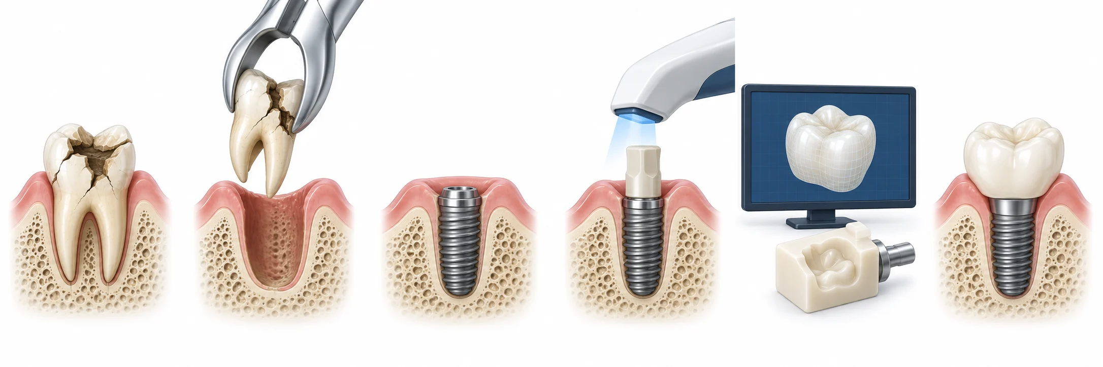 Sechs Stationen: abgebrochener Zahn, Zahnentfernung, Implantation, Scan, Fertigung und Krone auf dem Implantat.